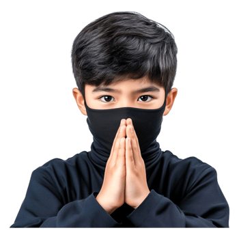 Young Boy in Black Mask with Hands Together in Prayer Pose png