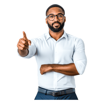 Confident man in a white shirt gesturing with finger pointing upwards png