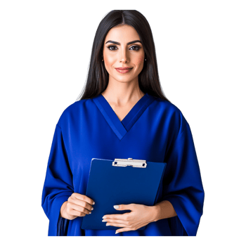 Professional Young Woman in Blue Robe Holding Clipboard Smiling png
