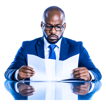Businessman Analyzing Documents with Serious Expressind Focus png