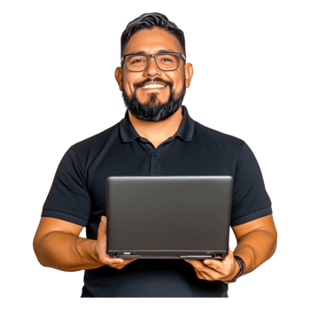 Smiling man with glasses holding laptop in modern workspace setting png