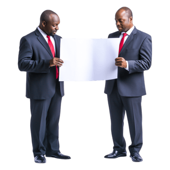 Two Businessmen in Suits Holding Blank Sign for Presentation png