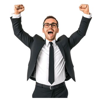 Excited Businessman Celebrating Success with Raised Fists in Suit png