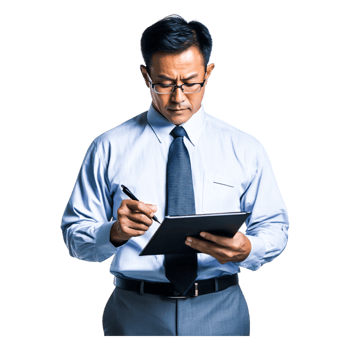 Businessman with Glasses Holding Clipboard and Writing Notes png