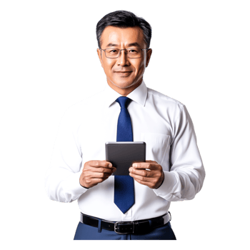 Confident Businessman Holding Digital Tablet with Smiling Expression png