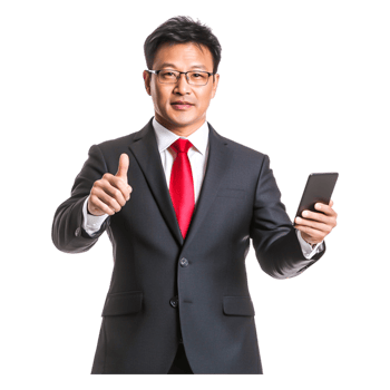 Confident businessman showing thumbs up while holding smartphone png