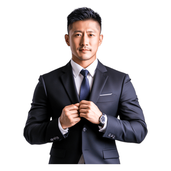 Confident Asian businessman adjusting suit before a professional event png