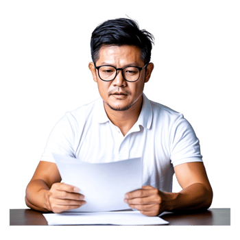Focused Man Reading Paperwork in a Bright Room Setting png