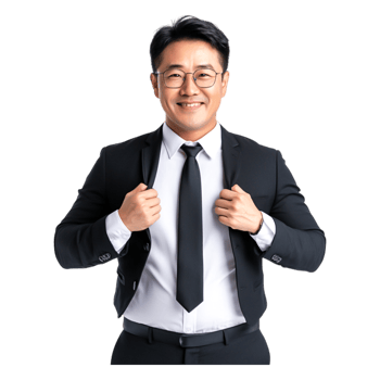 Confident Businessman Adjusting Suit Jacket with a Smile png