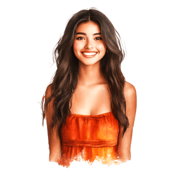 Young Woman with Long Hair Smiling in Bright Orange Top png