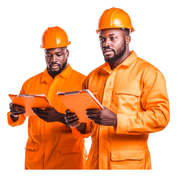 Construction Workers in Safety Gear Holding Clipboards Outdoors png