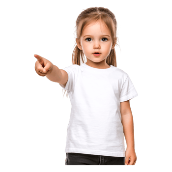 Young Girl with White Shirt Pointing and Looking Curious in Studio png