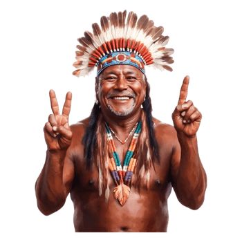 Indigenous Man with Feathered Headdress Smiling Peace Sign Gesture png