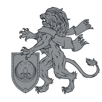 A fierce rampant lion stands proudly beside a flowing ribbon, paired with an ancient medieval shield of great valor vector