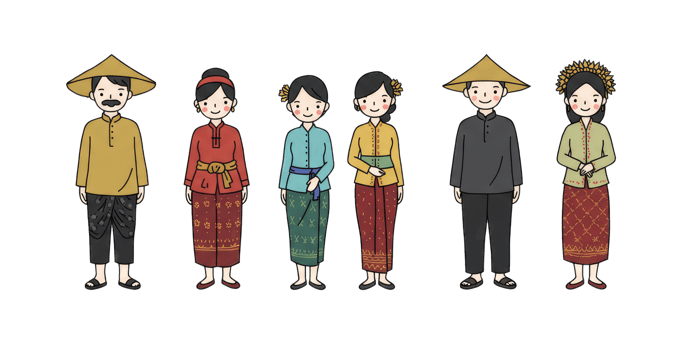 Cartoon People Wearing Traditional Southeast Asian Clothing in Cultural Illustration png