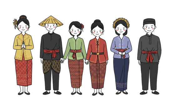 Cartoon Depiction of People Wearing Traditional Indonesian Clothing in Variety png