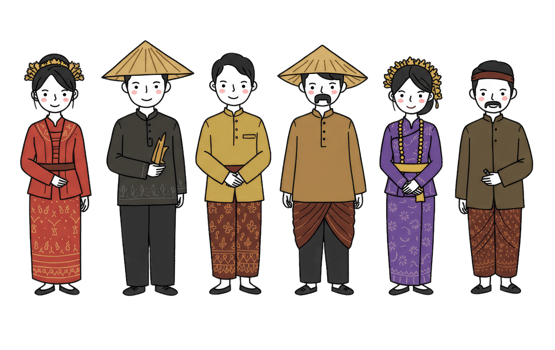 Cartoon Characters Wearing Traditional Indonesian Clothing in Varied Colors and Designs png