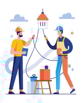 Electrician installing, adjusting electrical lamp during home renovation. vector
