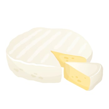 Soft white round cheese. Camembert, brie cut piece. Organic farm food. Design element, cartoon flat illustration for logo, poster, menu. Isolated on white background. vector