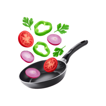 Fry pan with fresh vegetable slices on transparent background png