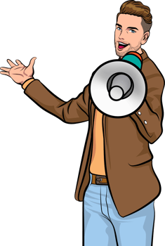 Comic-style male confidently announcing a game-changing innovation. png