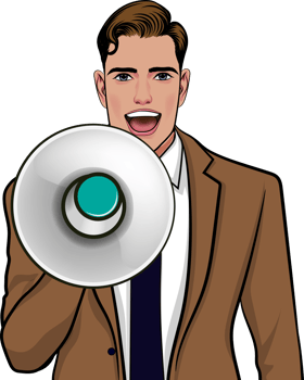 Vintage male entrepreneur shouting about his startup launch. png