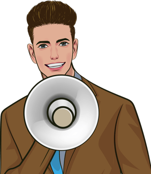 Pop art man making an energetic sales pitch through a megaphone. png