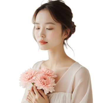 Dreamy Floral Portrait Young Woman Embracing a Bouquet of Pink Gerbera Daisies png