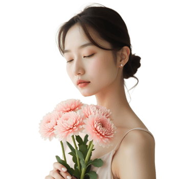 Feminine Aesthetic Delicate Woman with Pastel Flowers in a Soft Elegant Style png