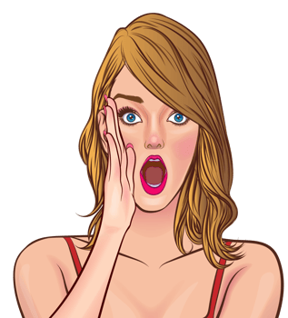 Comic lady whispering behind a hand with wide eyes. png