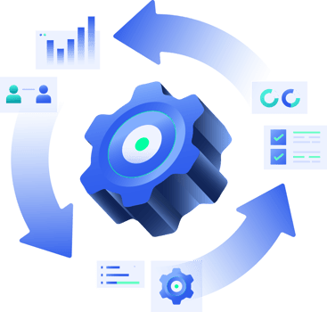Business Process Automation, Management technology-driven strategy illustration with Gears and Technology Elements clipart illustration png