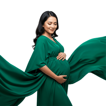 A pregnant woman in green dress with her arms outstretched png