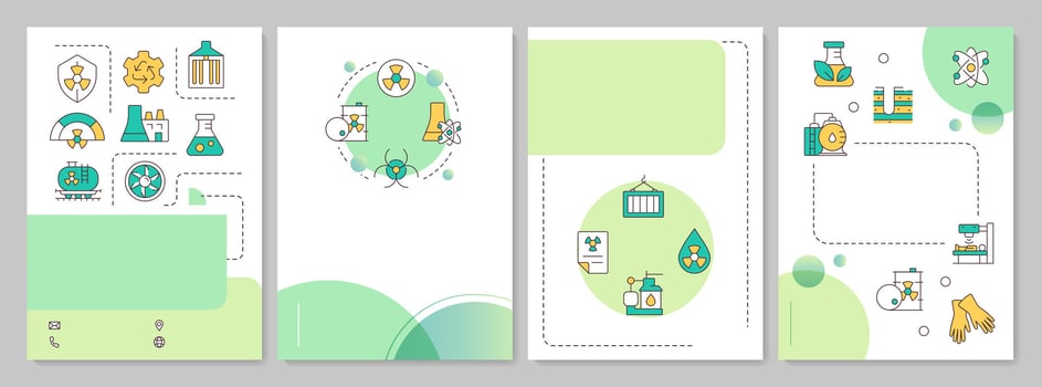 Radioactive waste management green circle brochure template. Nuclear safety technologies. Leaflet design with linear icons. Editable 4 layouts vector