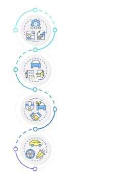 Dealership management system infographic design template. Business, promoting. Data visualization 4 options. Process vertical flow chart vector