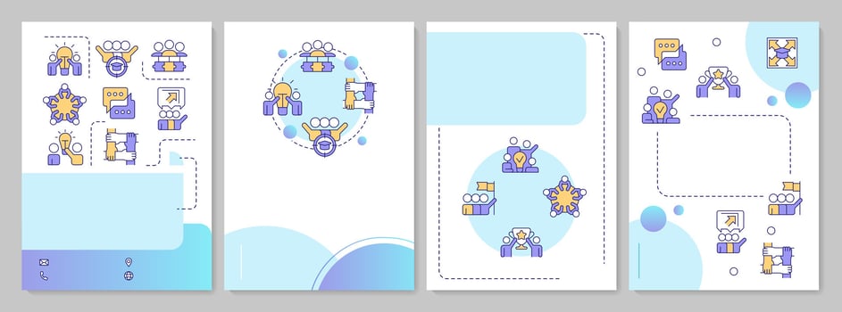 Cooperative learning strategies blue gradient brochure template. Leadership, grouping. Leaflet design with linear icons. Editable 4 layouts vector