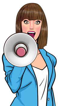 Retro lady announcing a big sale with a loudspeaker. png