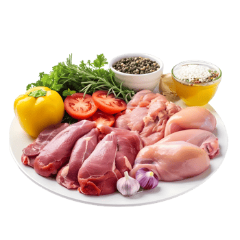 Raw chicken and turkey meat with vegetables herbs red on transparent background png