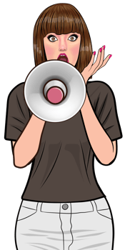 Comic-style woman in a dramatic protest pose with a loudspeaker. png