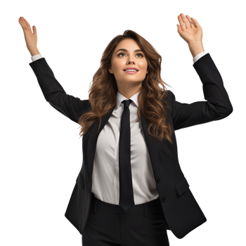 A businesswoman in a suit with her arm raised isolated on transparent background png