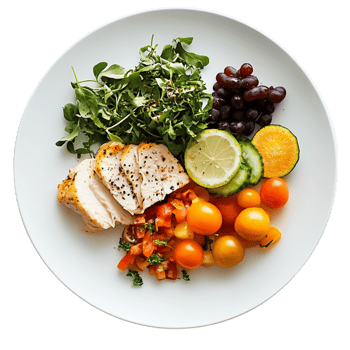 Fresh grilled chicken with colorful vegetables and fruits on white plate, showcasing healthy meal. vibrant colors and textures create appetizing presentation. , isolated transparent png