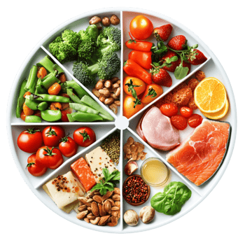 colorful food platter featuring variety of healthy ingredients including vegetables, fruits, nuts, and proteins, promoting balanced nutrition and wellness. , isolated transparent png