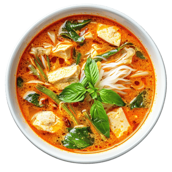 vibrant bowl of spicy noodle soup with tofu, herbs, and vegetables, showcasing rich broth and fresh ingredients. Perfect for comforting meal. , isolated transparent png