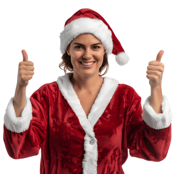 Happy woman in red santa claus costume giving thumbs up model on transparent background png