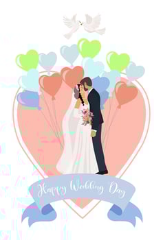 Kissing bride and groom against the background of a heart and balloons. vector