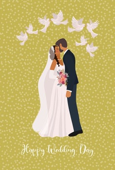 Wedding card template with kissing newlyweds. vector