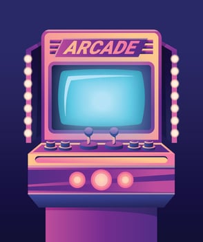 Arcade game machines isolated on black background. cartoon illustration of retro computer gaming cabinet with buttons, joystick console, coin slots, menu options text on neon display vector