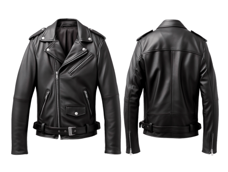 a midnight black leather jacket, Front and back view isolated on transparent background png