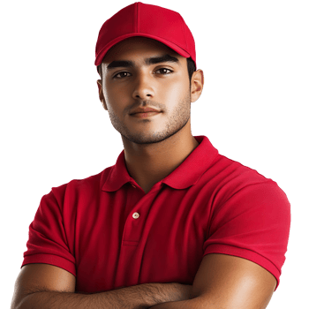 A guy in a red polo shirt and a cap isolated on a transparent background png