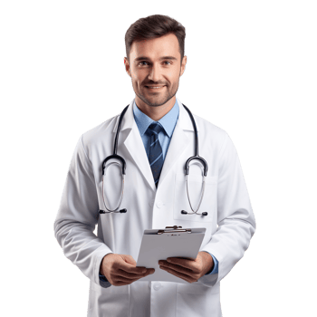 A doctor in a white coat, holding a clipboard isolated on transparent background png