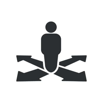 illustration of a flat design of a person between four path options with arrows. vector